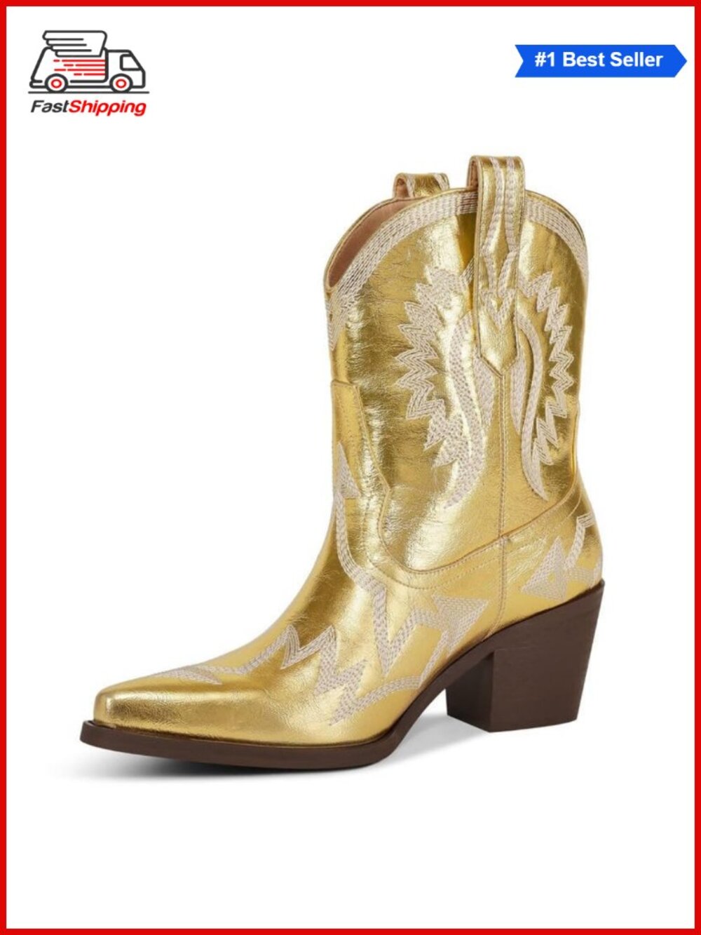 ✨ Western Ankle Cowboy Boots Chunky Pointed Toe Wide Calf Metallic PU Leather